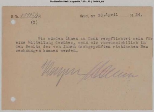 Brücke A: Postkarte bzgl. Festigkeitsberechnung der Siegbrücke Siegburg