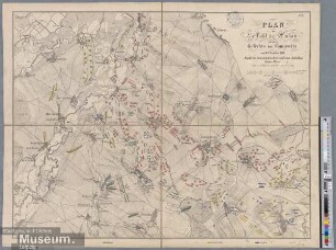 Plan der Schlacht bei Wachau und des Gefechts bei Connewitz am 16.Oktober 1813. Angriff der franzäsischen Armee und letzte Aufstellung beider Heere.