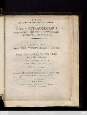 Dissertatio Inavgvralis Ivridica De Poena Extraordinaria Deficiente Plena Criminis Probatione Nevtiqvam Decernenda