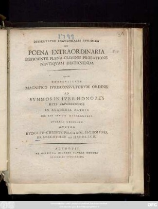 Dissertatio Inavgvralis Ivridica De Poena Extraordinaria Deficiente Plena Criminis Probatione Nevtiqvam Decernenda