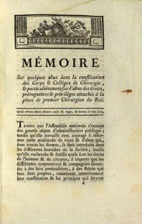 Mémoire sur quelques abus de la Constitution des corps ou collèges de Chirurgie