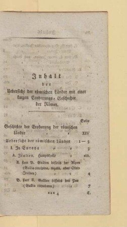 Inhalt der Uebersicht der römischen Länder mit einer kurzen Eroberungs-Geschichte der Römer