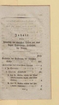 Inhalt der Uebersicht der römischen Länder mit einer kurzen Eroberungs-Geschichte der Römer