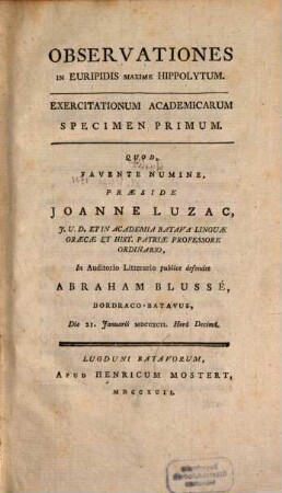 Exercitationum academicarum. Specimen I, Observationes in Euripidis maxime Hippolytum