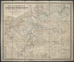 Post- und Reisekarte von Deutschland, den Niederlanden, Belgien und der Schweiz nebst Theilen der angrenzenden Laender : bis London, Havre de Grace, Turin, Warschau, Kopenhagen