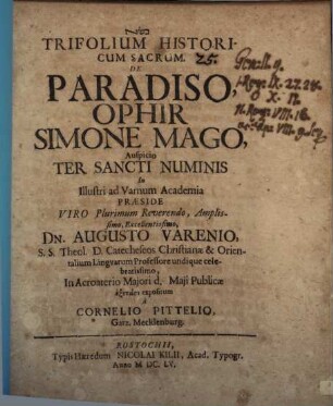 Trifolium Historicum Sacrum, De Paradiso, Ophir, Simone Mago
