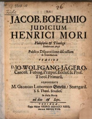 De Jacob. Boehmio Judicium Henrici Mori Philosophi & Theologi Celeberrimi Angli