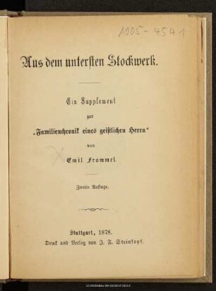 Aus dem untersten Stockwerk : ein Supplement zur "Familienchronik eines geistlichen Herrn"