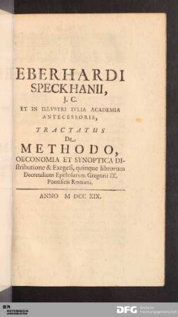Eberhardi Speckhanii.Tractatus de methodo oeconomia et synoptica distributione.