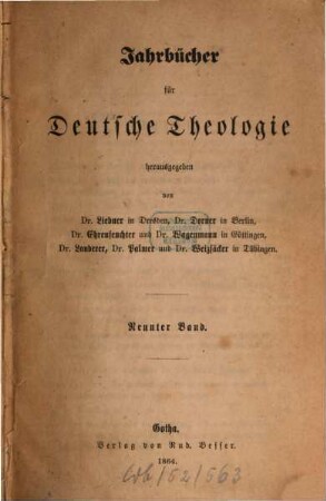 Jahrbücher für deutsche Theologie. 9, 9. 1864