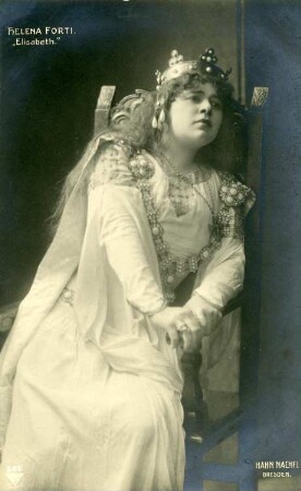 Helena Forti als Elisabeth : Helena Forti in ihrem Dresden-Debüt als Elisabeth in "Tannhäuser" von Richard Wagner. Königliche Hofoper Dresden, wohl 1911 (Antrittsvorstellung am 25.10.1911). Fotografie (Weltpostkarte) von E. Müller (Hahn Nachf.)