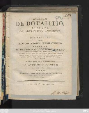Qvaedam De Dotalitio, Eivsqve Ob Advlterivm Amissione : Dissertatio