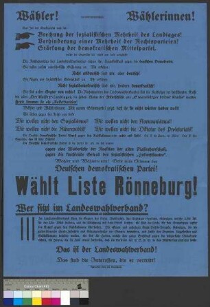 Wahlplakat der DDP zur Landtagwahl am 16. Mai 1920