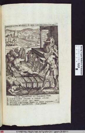 Martyrium des Hl.Laurentius im Vordergrund, des Hl.Protus und Hl.Hyazinthus links, mittig das des Hl.Hippolytus, hinten die Hl.Rufina und Hl.Secunda, die in den Tiber geworfen werden.