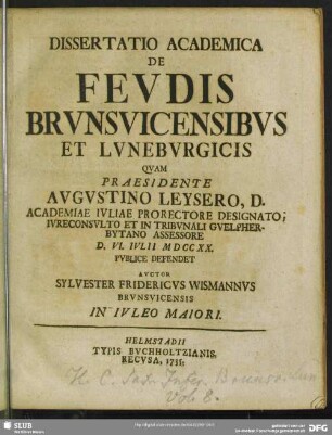 Dissertatio Academica De Feudis Brunsvicensibus Et Luneburgicis