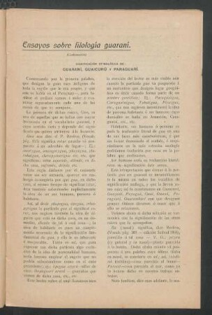 Ensayos sobre filología guaraní. (Continuación) : Significación etimológica de: Guaraní, Guaicurú y Paraguarí.