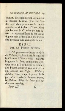 Essai Sur Le Poeme Epique.