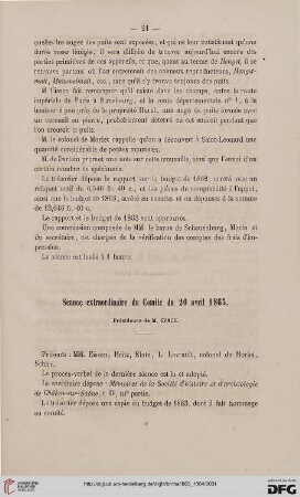 Séance extraordinaire du Comité du 20 avril 1863