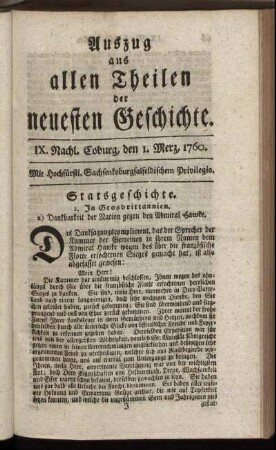 IX. Nachl. Coburg, den 1. Merz. 1760.