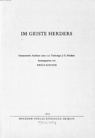 Im Geiste Herders : gesammelte Aufsätze zum 150. Todestage J.G. Herders