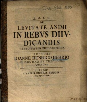 De Levitate Animi In Rebvs Diivdicandis Exercitatio Philosophica