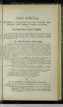 Fünfte Abtheilung. Verzeichniß der evangelisch-lutherischen Geistlichen, Kirchschullehrer, Lehrer, Cantoren, Organisten und Kirchner im Kreisdirections-Bezirk Budissin