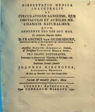 Diss. med. inaug. de circulatione sanguinis, eius obstaculis et auxiliis mechanicis naturalibus
