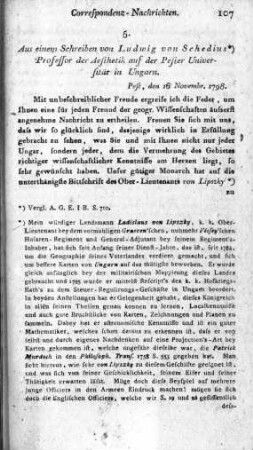 Aus einem Schreiben von Ludwig von Schedius Professor der Aesthetik auf der Pester Universität in Ungarn : Pest, den 16 Novemb[e]r 1798