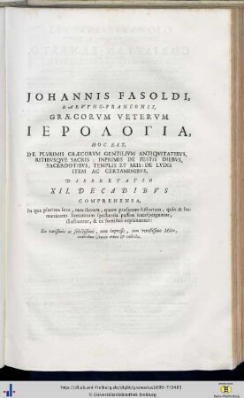 Johannes Fasoldus: Graecorum veterum ierologia…