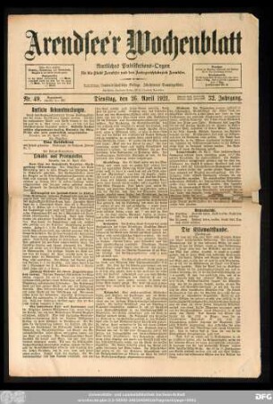 Arendsee'r Wochenblatt, Nr. 49. Dienstag, den 26. April 1921.