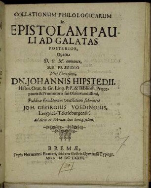 Collationum Philologicarum In Epistolam Pauli Ad Galatas Posterior