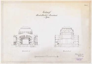 Fürstliches Hoftheater mit Konzertsaal, Gera: Querschnitt durch Bühnenhaus und Zuschauerraum 1:200