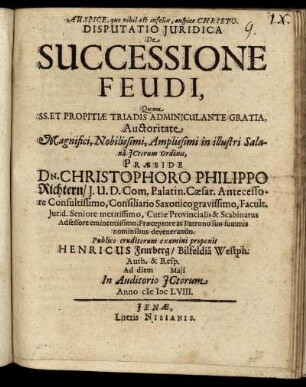 Disputatio Iuridica De Successione Feudi