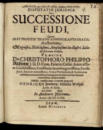 Disputatio Iuridica De Successione Feudi