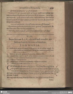 XLII. Beneficium L. 2. C. de rescind. vendit. an habeat locum in transactionibus