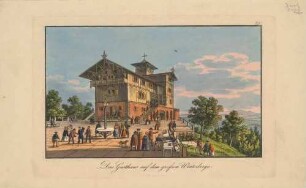 Das Gasthaus auf dem Großen Winterberg in der Sächsischen Schweiz von der Terrasse mit Biergarten