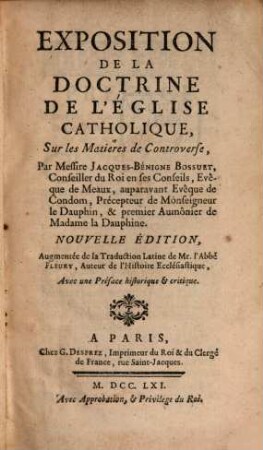 Exposition de la doctrine de l'Eglise catholique sur les matières de controverse