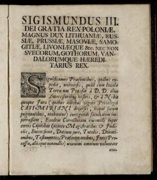 Sigismundus III. Dei Gratia Rex Poloniæ, ...
