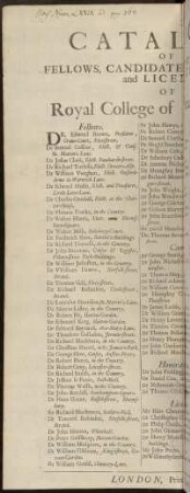 A Catalogue Of The Fellows, Candidates, Honorary-Fellows, and Licentiates Of The Royal College of Physicians, London.
