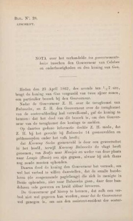 Bijl. No. 28. Afschrift. Nota over het verhandelde ten gouvernements-huize tusschen den Gouverneur van Celebes en onderhoorigheden ...