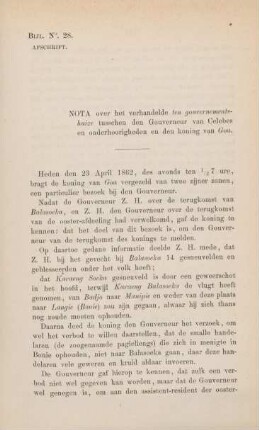Bijl. No. 28. Afschrift. Nota over het verhandelde ten gouvernements-huize tusschen den Gouverneur van Celebes en onderhoorigheden ...