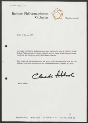 Kurzer Text von Claudio Abbado über Ivan Fischer