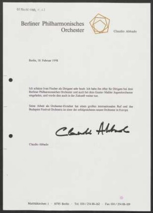 Kurzer Text von Claudio Abbado über Ivan Fischer