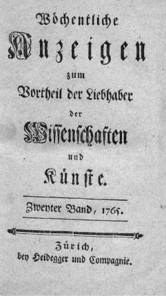2: Wöchentliche Anzeigen zum Vortheil der Liebhaber der Wissenschaften und Künste