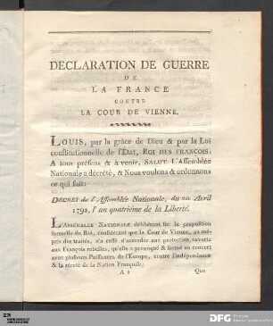 Declaration de Guerre de la France contre la Cour de Vienne.
