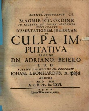 Dissertationem Juridicam De Culpa Imputativa