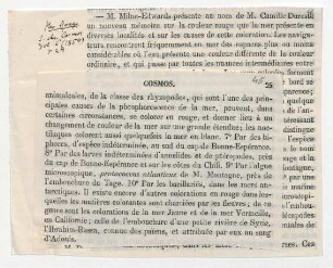 Zwei Zeitungsausschnitte, einer vermutlich von Despretz, der andere aus Cosmos. Vol. 6., 1854 (Angaben von Humboldt).