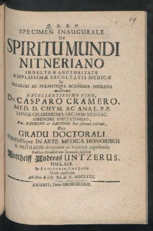 Specimen Inaugurale De Spiritu Mundi Nitneriano
