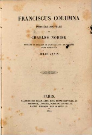 Franciscus Columna : dernière nouvelle de Charles Nodier