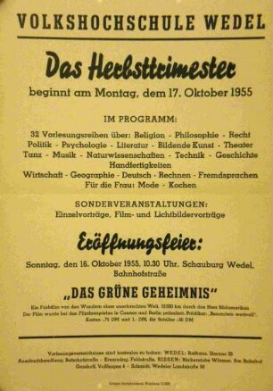 Volkschochschule Wedel. Das Herbsttrimester beginnt ...